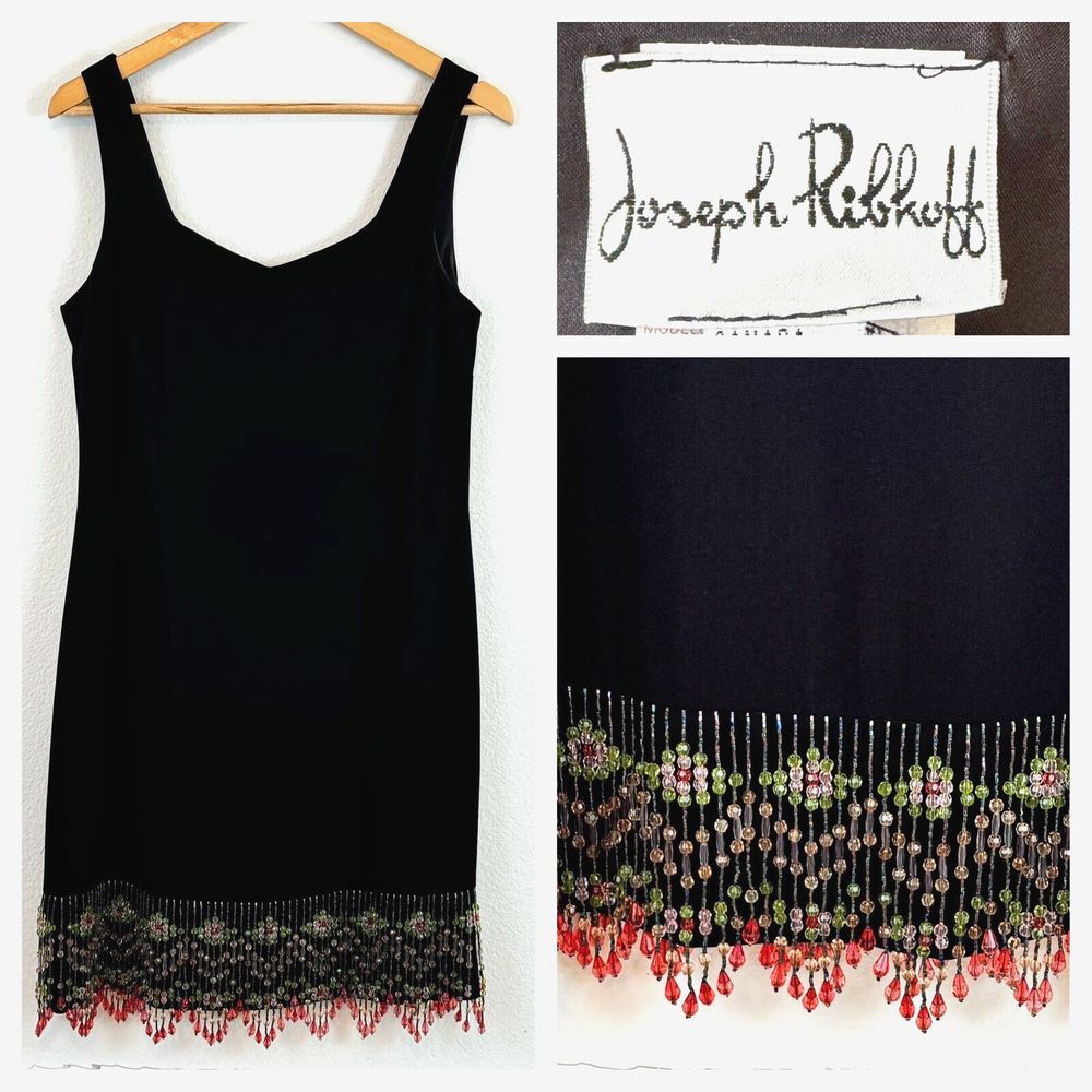 Joseph Ribkoff Beaded Dress Women's 12 Hem Sleeveless Black 20's Party Gatsby